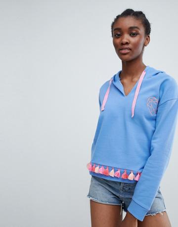 Sugar Dust Crop Hoody With Heart Embroidery And Tassle Trim - Gray