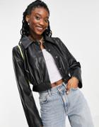Asos Design Cropped Ruched Detail Faux Leather Jacket In Black