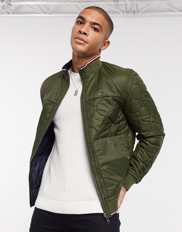 Tommy Hilfiger Reversible Quilt Bomber Jacket In Olive Green/navy