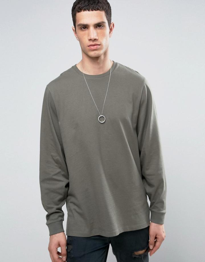Asos Super Oversized Long Sleeve T-shirt With Oversized Batwing Sleeve In Khaki - Green