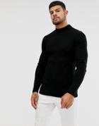 Asos Design Muscle Fit Ribbed Turtleneck Sweater In Black - Black