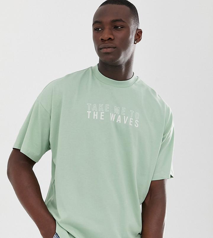 Asos Design Tall Oversized T-shirt With Chest Text And Back Wave Print - Green
