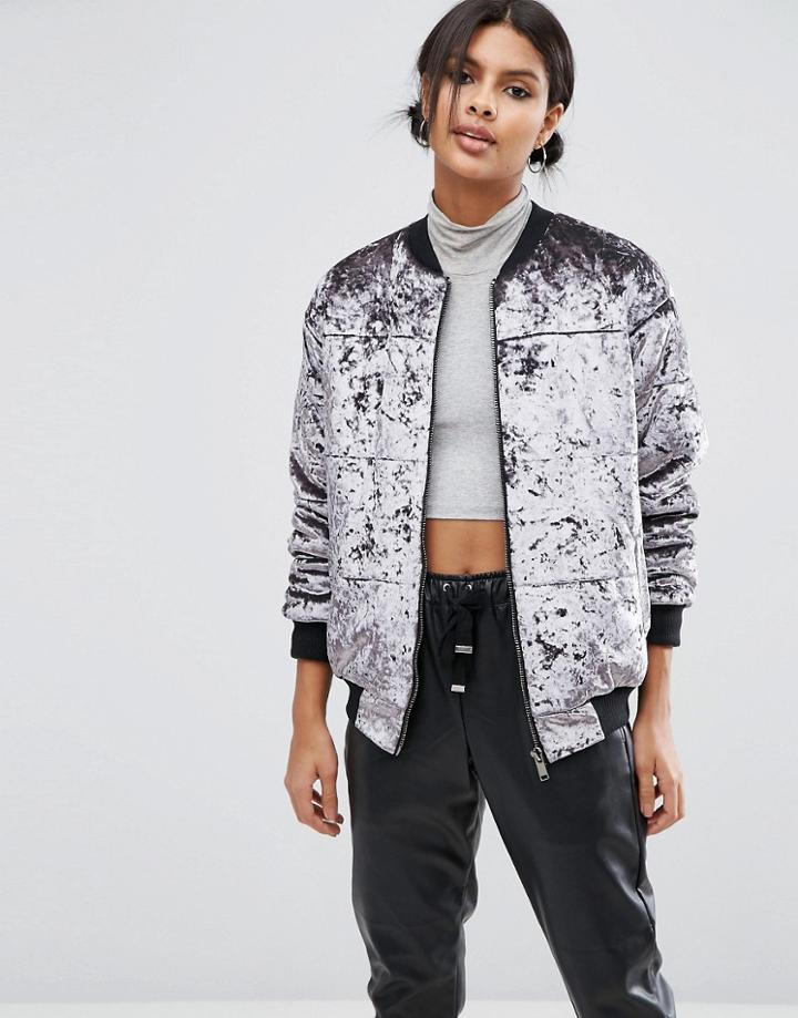 Asos Padded Jacket In Velvet - Gray