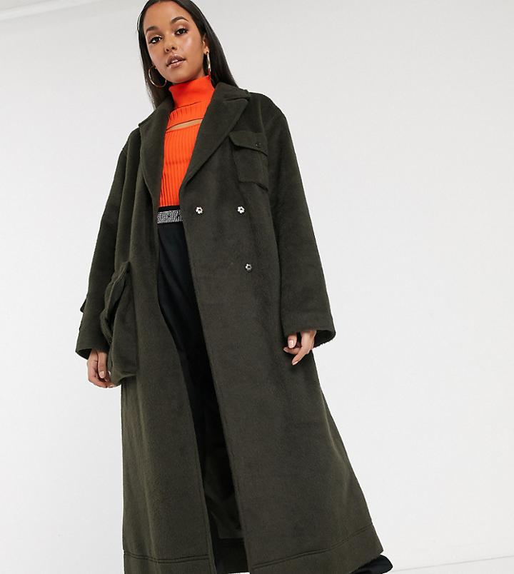 Asos Design Tall Brushed Utility Coat In Khaki-green