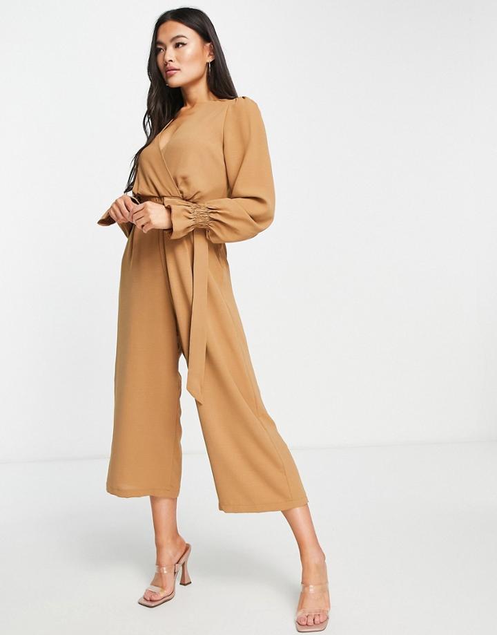 Ax Paris Long Sleeve Jumpsuit In Mocha Polka-brown