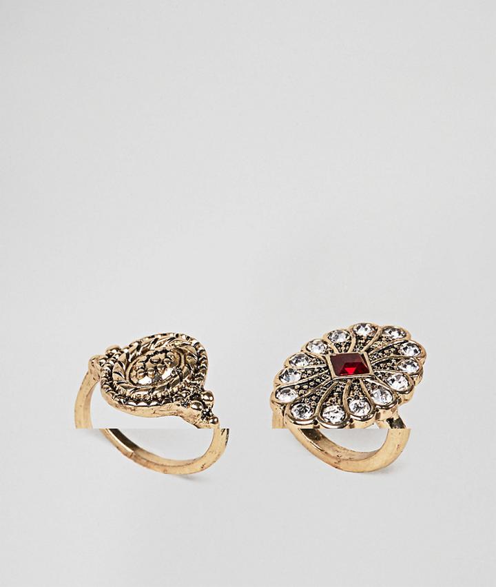 Asos Design Pack Of 2 Vintage Style Jewel Stone And Engraved Rings - Gold