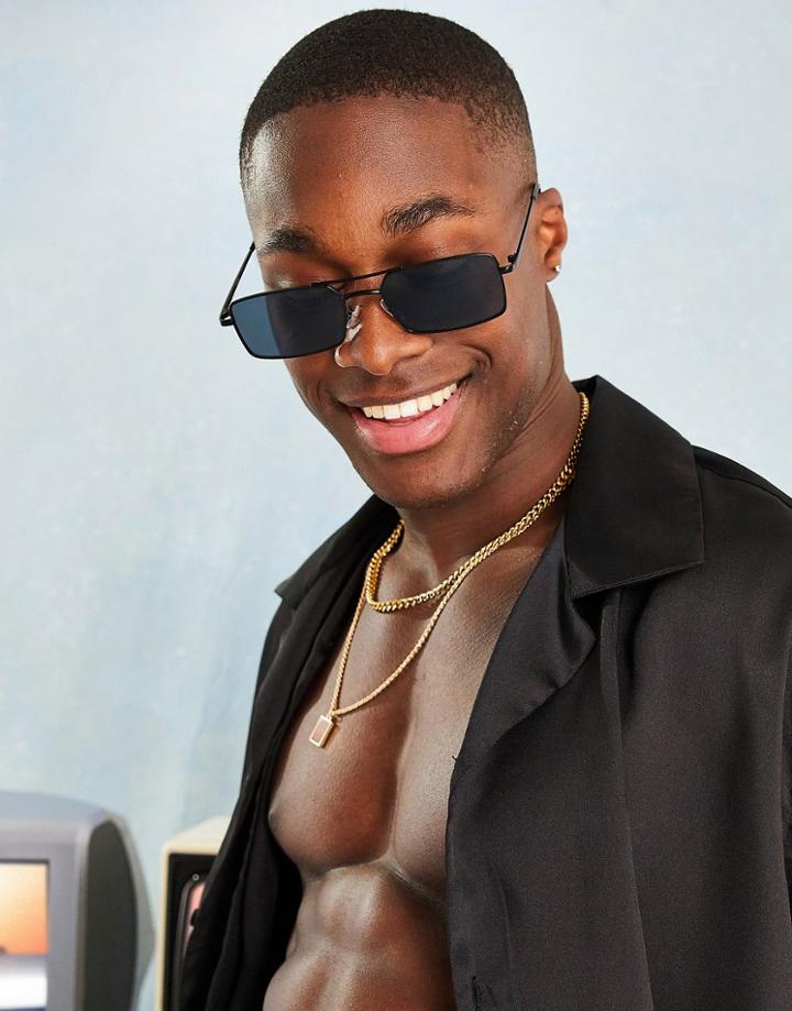 Asos Design Slim Square Aviator Sunglasses With Smoke Lens In Black