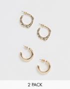Asos Design Pack Of 2 Hoop Earrings With Minimal And Molten Metal Design In Gold Tone