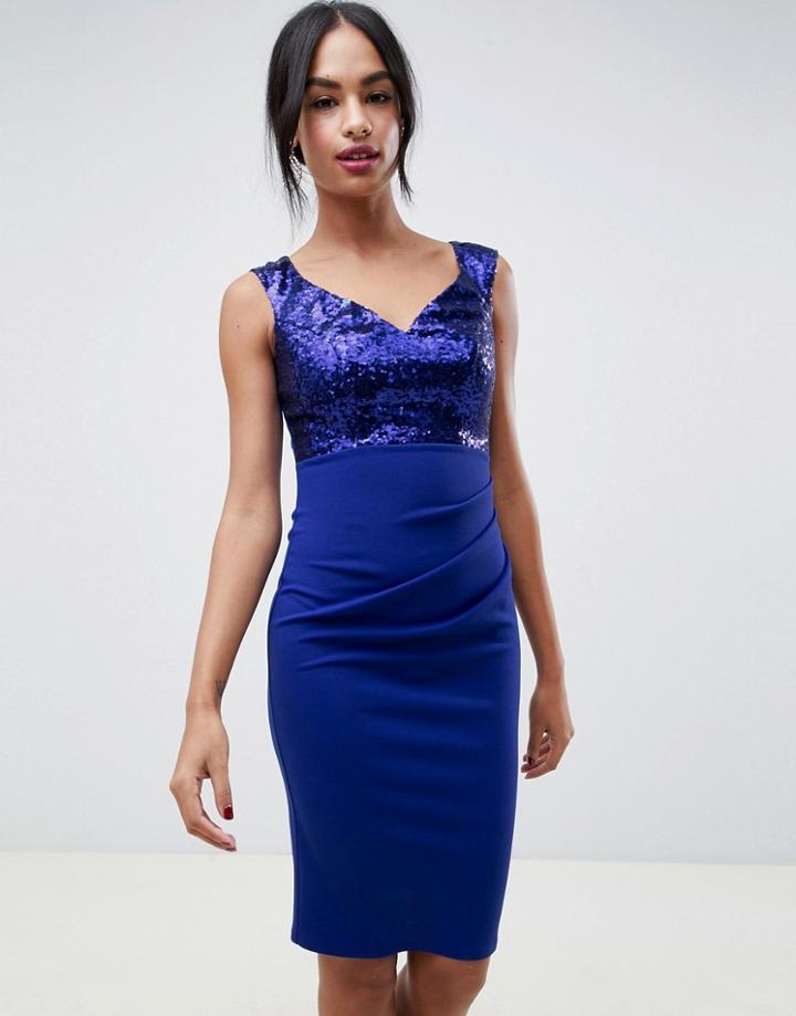 City Goddess Fishtail Midi Dress With Sequin Upper - Blue
