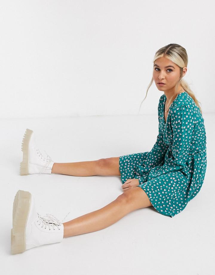 Glamorous Mini Swing Dress With Tie Waist In Mini Ditsy Floral-blue