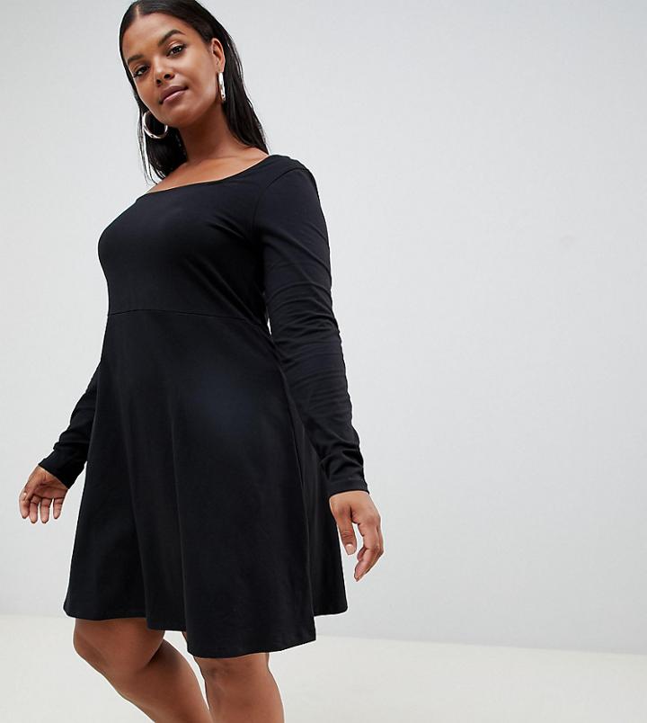 Asos Design Curve Super Scoop Mini Skater Dress With Long Sleeves-black