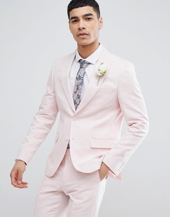 Moss London Wedding Skinny Suit Jacket In Light Pink Linen - Pink