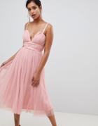 Asos Design Tulle Midi Dress With Ribbon Waist - Pink