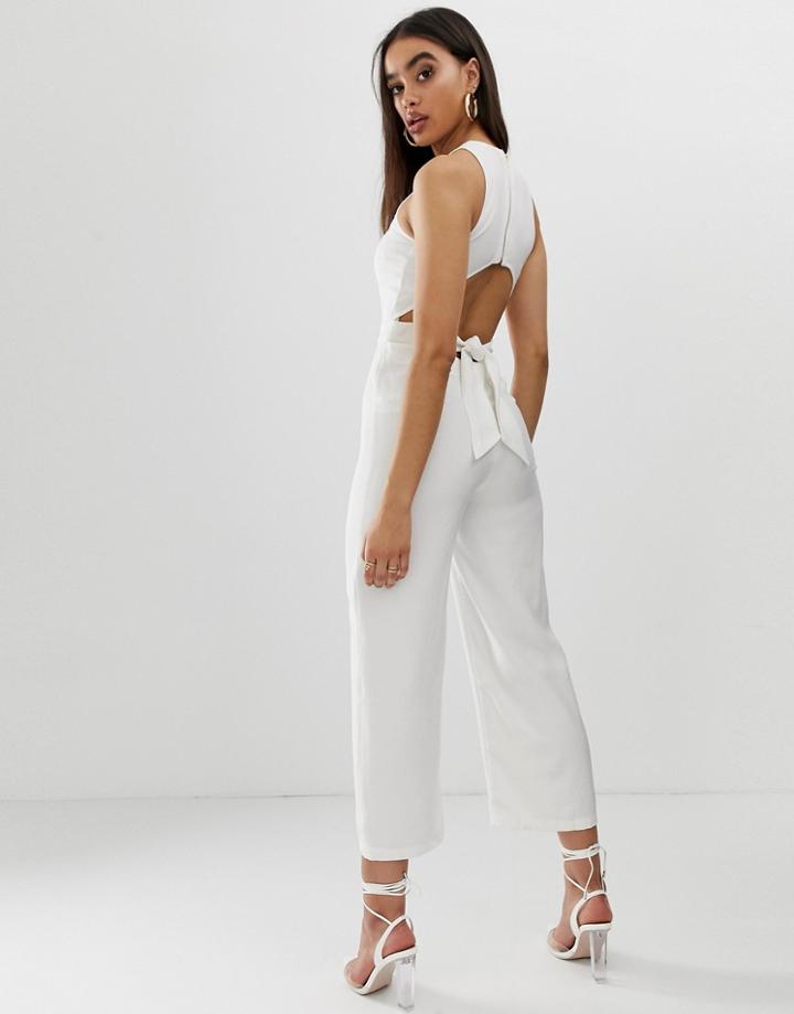 Fashion Union Wide Leg Jumpsuit With Cut Out Back - Cream