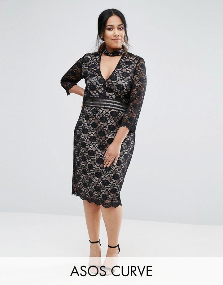Asos Curve Lace Mini Dress With Collar Detail - Multi