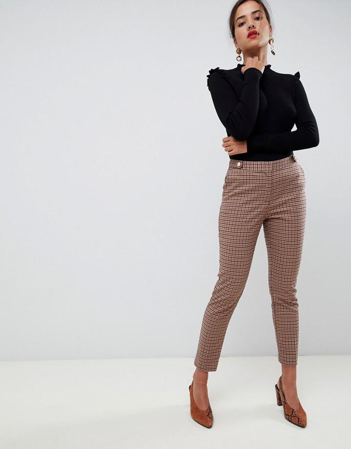 Oasis Slim Leg Pants With Button Waist Detail In Check - Multi