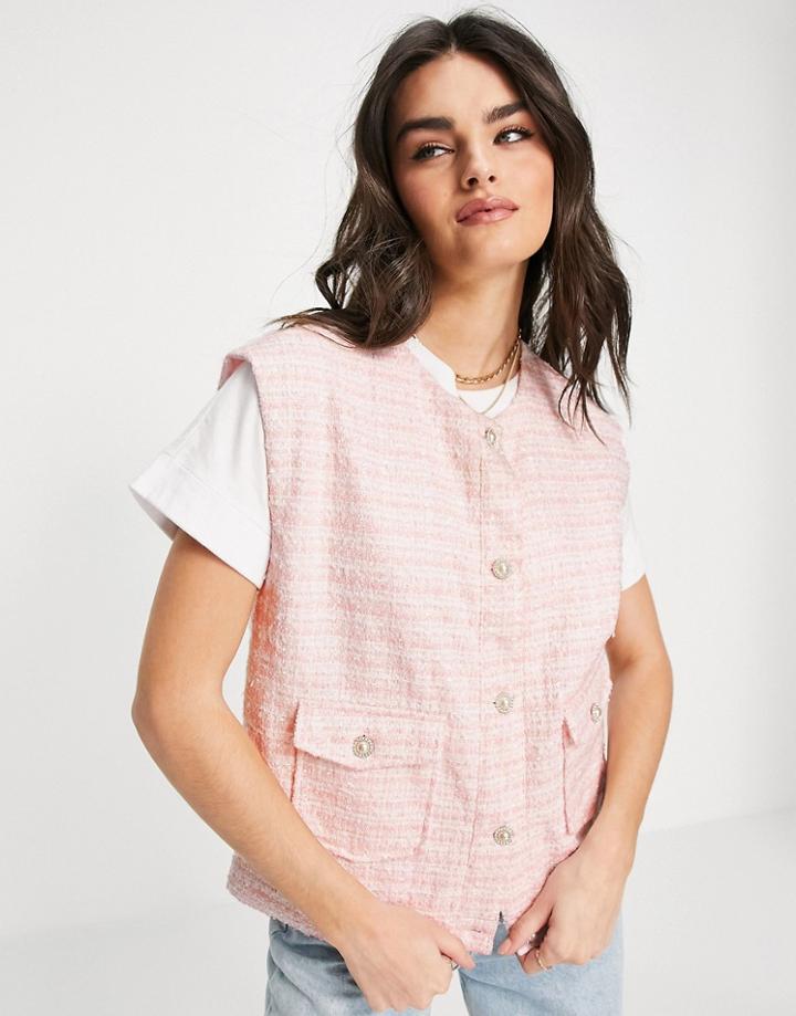 Neon Rose Relaxed Coordinating Vest With Ornate Buttons In Pastel Boucle-pink