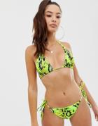 Asos Design Mix And Match Sleek Tie Side Bikini Bottom In Neon Snake Print - Green
