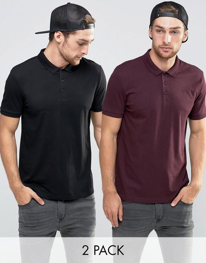 Asos Jersey Polo 2 Pack In Burgundy And Black - Multi