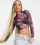 Asyou Mesh Floral Print Top In Bue-blues