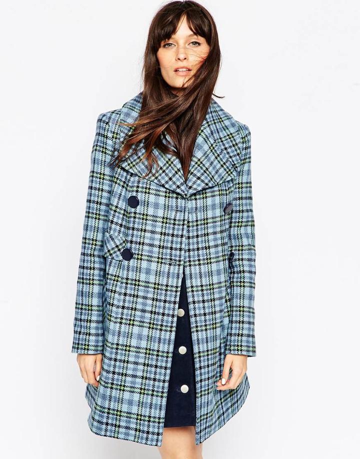 Asos Coat In 60's Check - Baby Blue