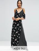 Asos Tall Wrap Front Maxi Dress With Cold Shoulder In Mixed Print - Bl