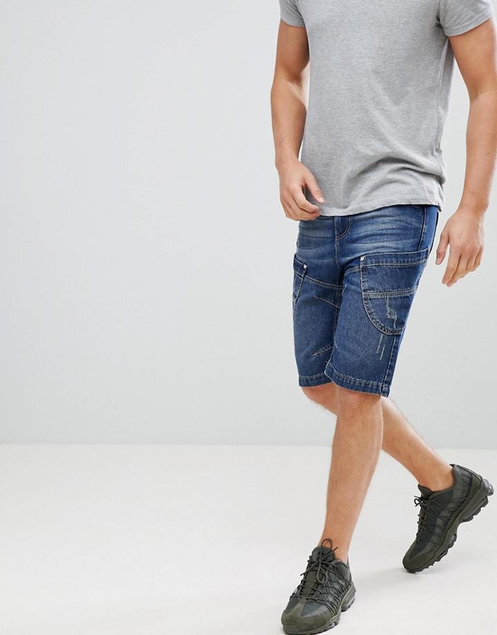 Crosshatch Dark Wash Paneled Denim Shorts - Navy