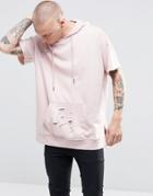 Sixth June Longline Hoodie With Distressing - Pink