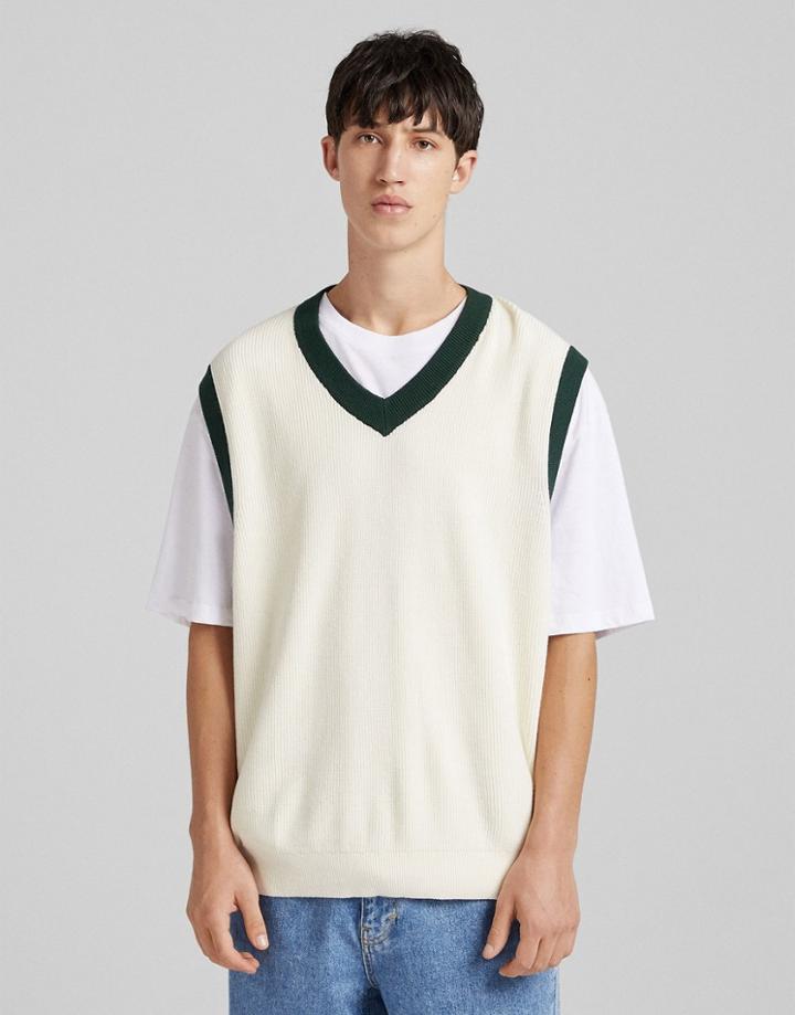 Bershka Knit V Neck Vest In Ecru-neutral
