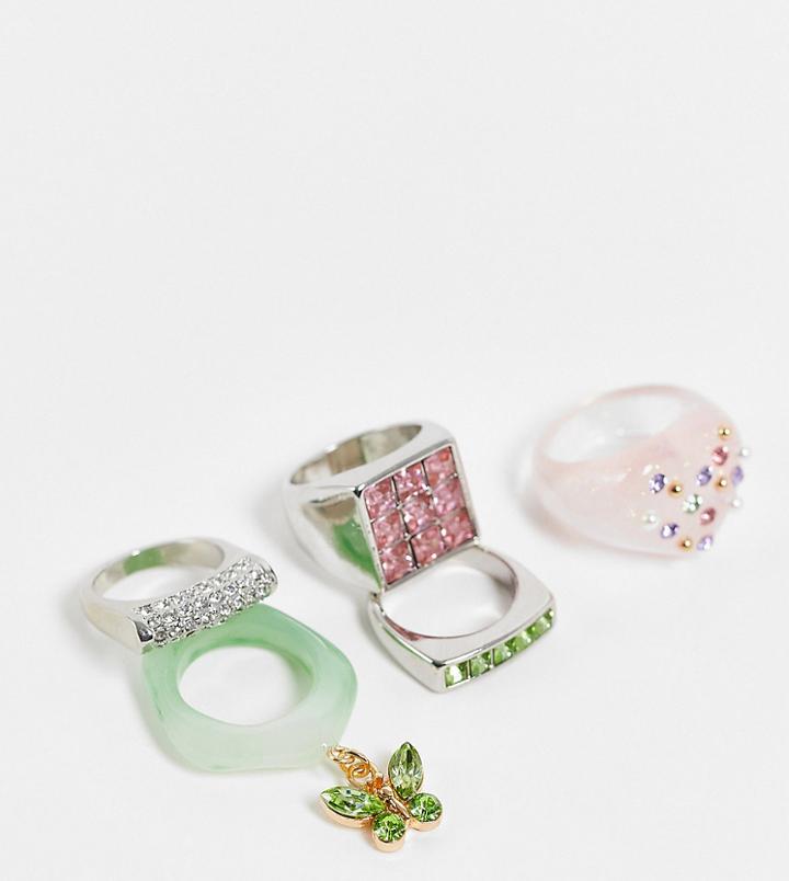 Reclaimed Vintage Inspired Chunky Rings In Pastel Resin And Crystals 5 Pack-multi