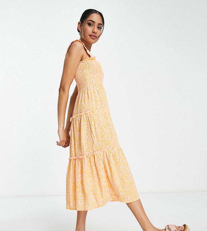 Vero Moda Petite Shirred Midi Dress In Yellow Floral-multi