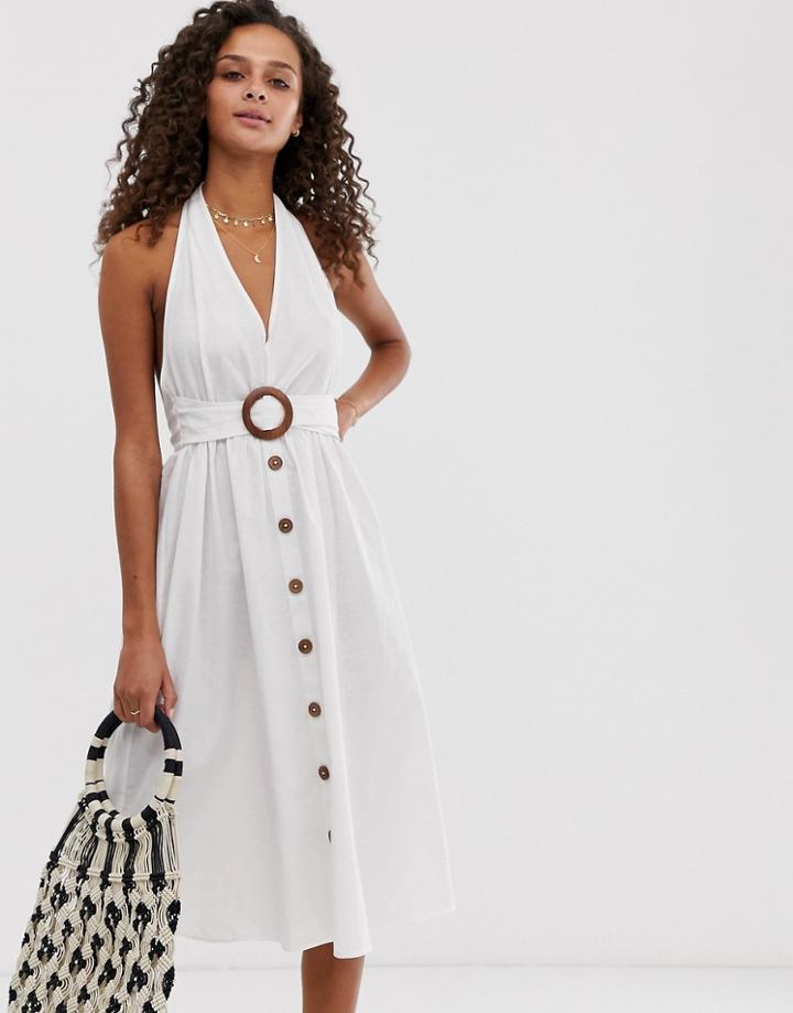 Asos Design Halter Neck Midi Button Through Linen Sundress With Buckle-white