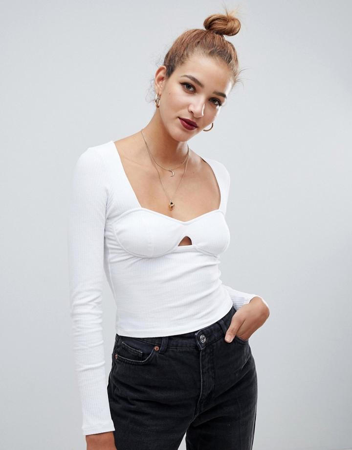 Asos Design Long Sleeve Top In Rib With Cup Detail-white