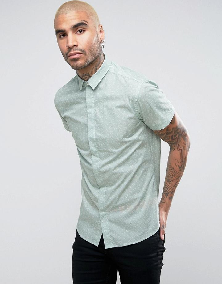 Noose & Monkey Skinny Short Sleeve Shirt In Print - Green