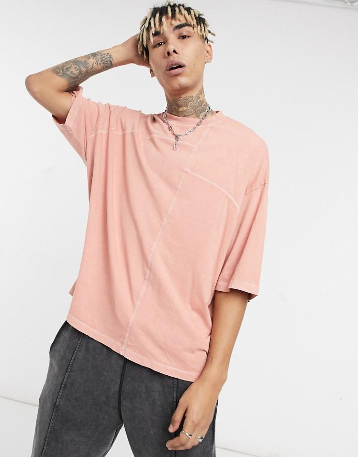 Asos Design Organic Oversized Longline T-shirt With Pink Acid Wash And Asymmetric Hem-purple
