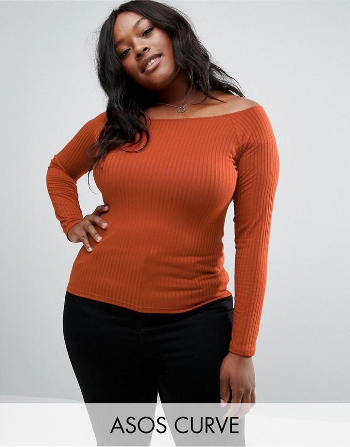 Asos Curve Off Shoulder Top In Rib - Orange