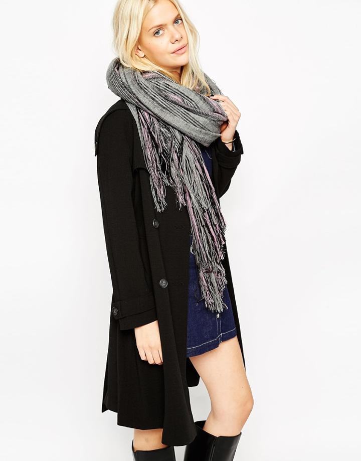 Asos Woven Oversized Square Scarf In Stripe With Multi Fringing - Pink
