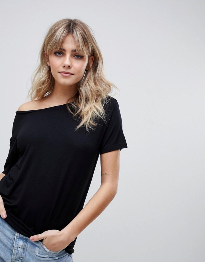 Asos Design Off Shoulder Top With Short Sleeve In Drapey Fabric In Black - Black