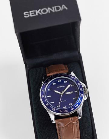 Sekonda Mens Leather Watch With Blue Dial In Brown