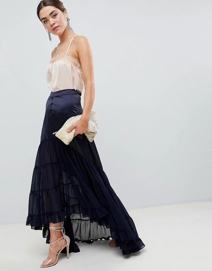 Asos Design Satin Mix Tiered Hem Maxi Skirt - Navy