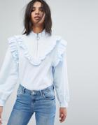 Stylenanda High Neck Top With Frill And Half Zip - Blue
