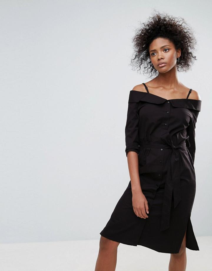 Neon Rose Black Cotton Bardot Dress - Black