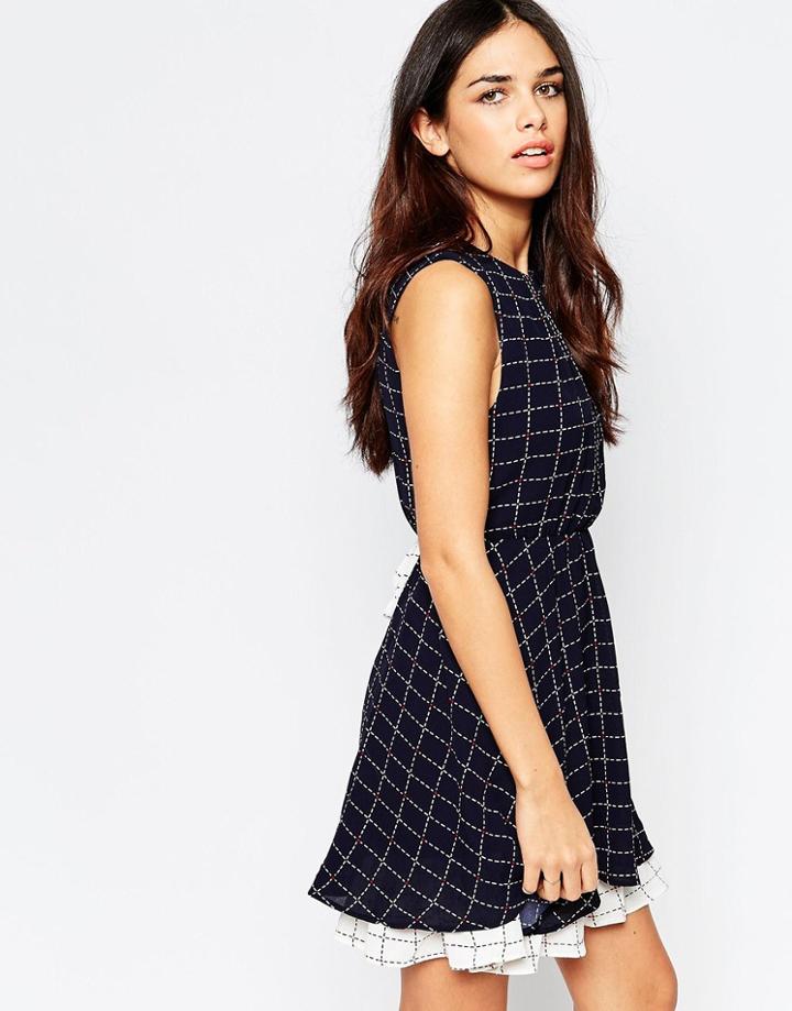 Style London Skater Dress In Check With Contrast Underlay - Navy