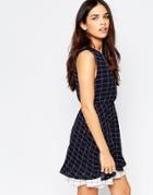 Style London Skater Dress In Check With Contrast Underlay - Navy