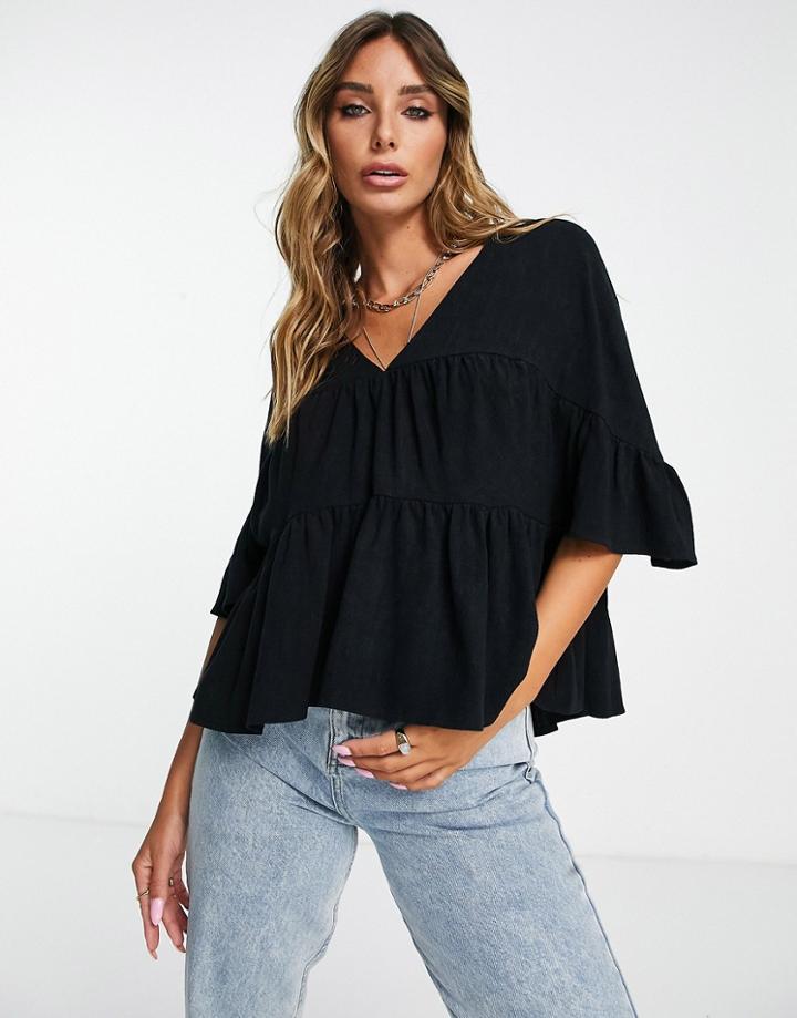Asos Design Tiered Smock Top With Frill Sleeve In Black