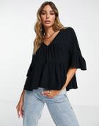 Asos Design Tiered Smock Top With Frill Sleeve In Black