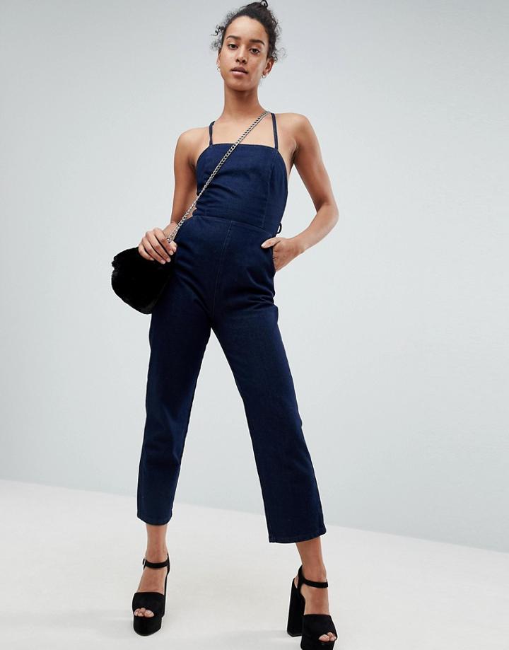 Asos Denim Halterneck Jumpsuit In Indigo - Blue
