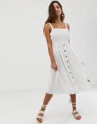 Asos Design Broderie Midi Sundress With Button Front - White