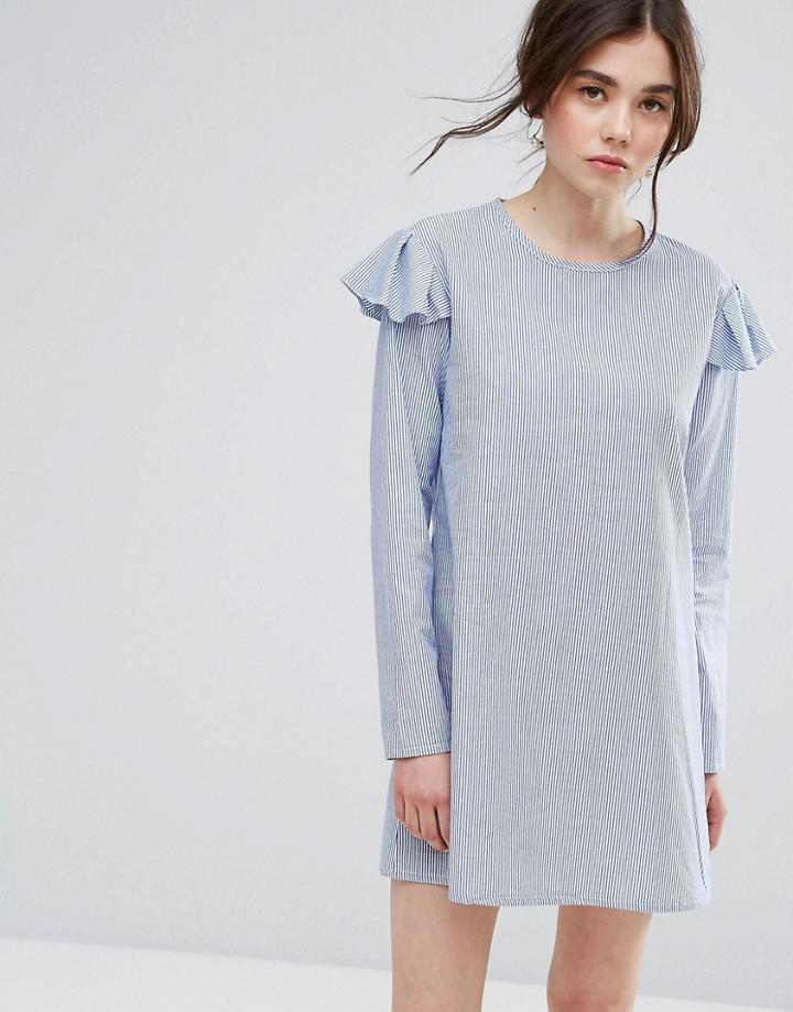 Plain Studios Shift Dress With Ruffle Shoulder Detail In Fine Stripe - Blue