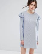 Plain Studios Shift Dress With Ruffle Shoulder Detail In Fine Stripe - Blue